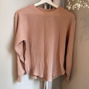 Uniqlo waffle crew long sleeve t shirt in pink with some paint like splatter